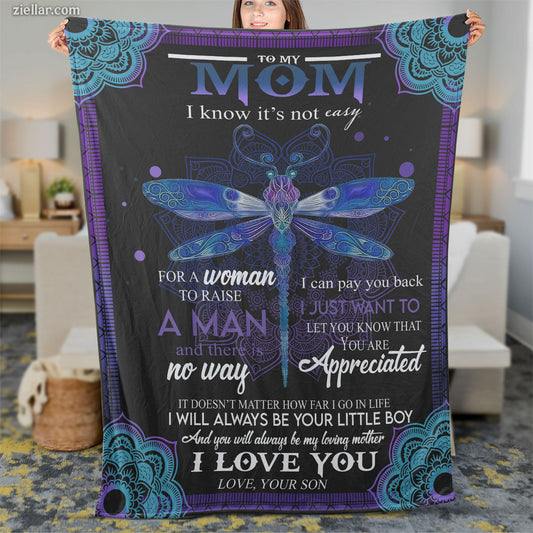 To My Mom Dragonfly Quilt Blanket, Fleece Blanket Gift from Son with Quote, Personalized Option