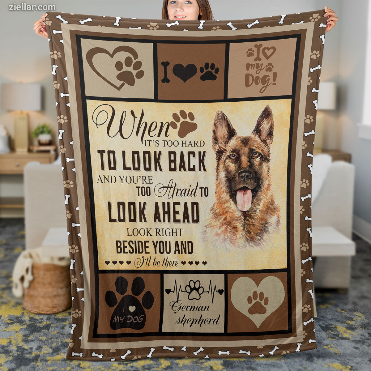 German Shepherd Dog Quilt Blanket, Fleece Blanket Gift with Paw Print Love, Custome Name Option