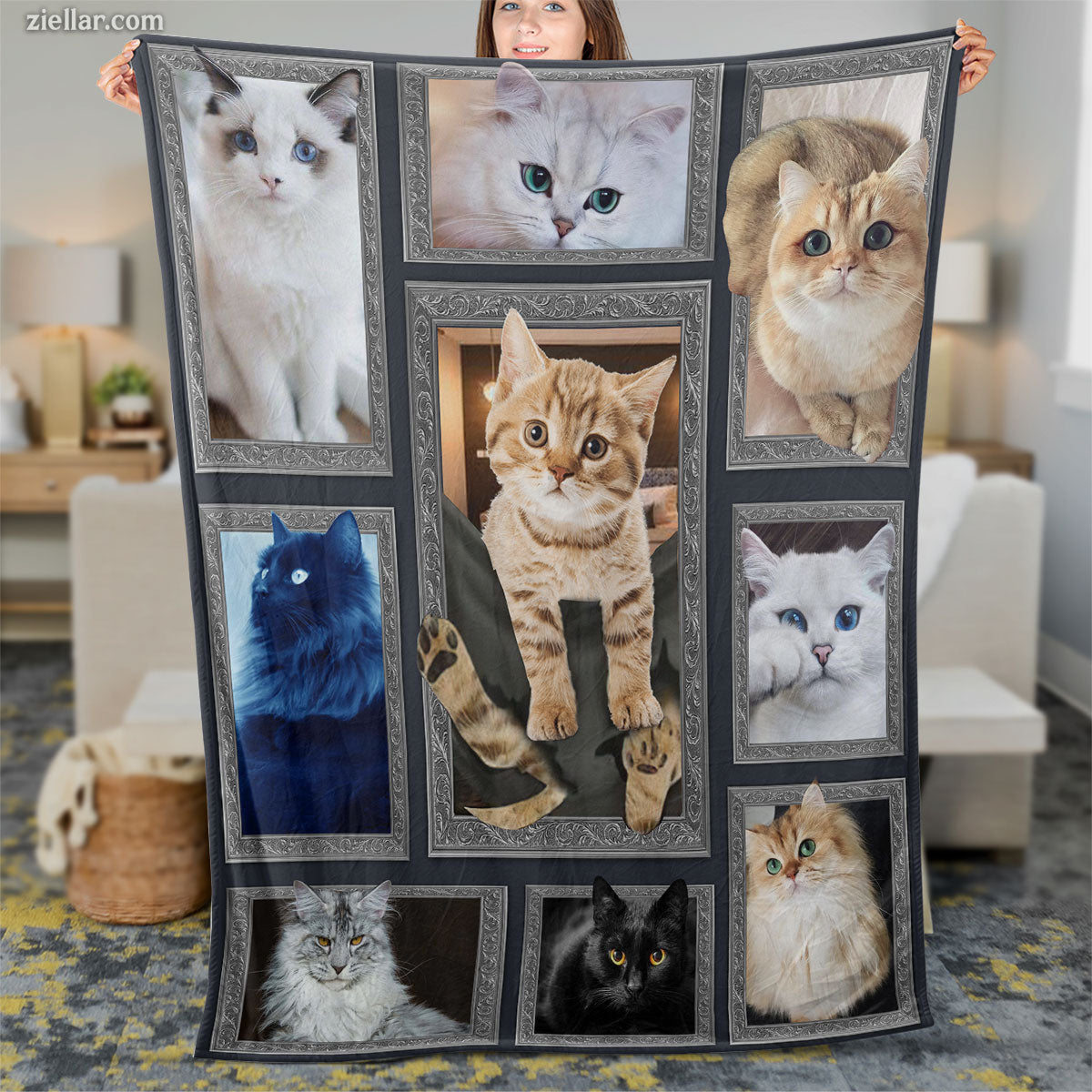 Cute Cats Collage Quilt Blanket, Fleece Blanket Gift for Cat Lovers, Personalized Pet Name Option