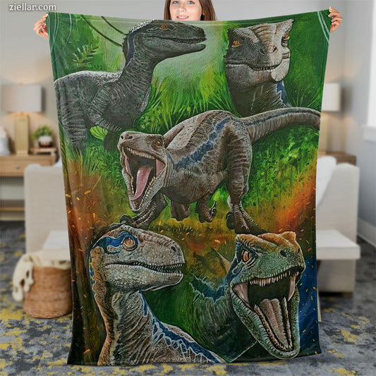 Velociraptor Dinosaur Art Quilt Blanket, Fleece Blanket Gift for Boys and Dino Lovers