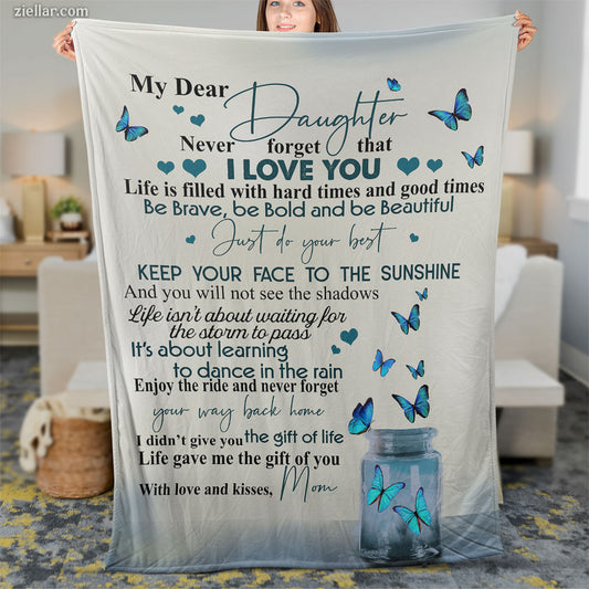 To My Dear Daughter Quilt Blanket, Fleece Blanket Gift with Butterfly Message, Custome Name