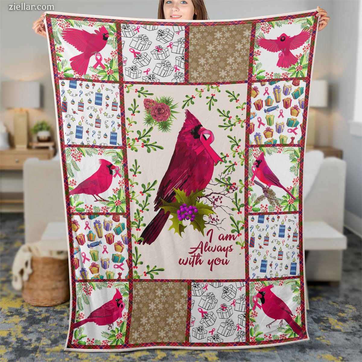 Cardinals Appear Quilt Blanket, Fleece Blanket Gift with Birds, Flowers and Nature Theme