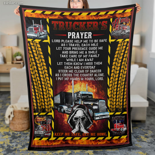 Trucker’s Prayer Quilt Blanket, Fleece Blanket Gift for Truckers with Flames and Rig Art