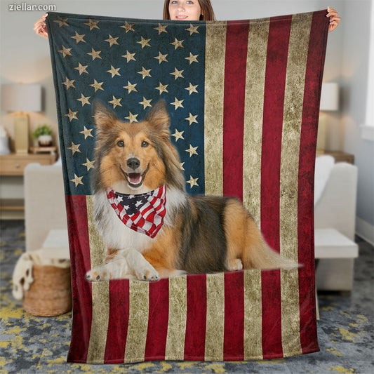 Patriotic Sheltie Dog Quilt Blanket, Fleece Blanket Gift with American Flag and Bandana Dog