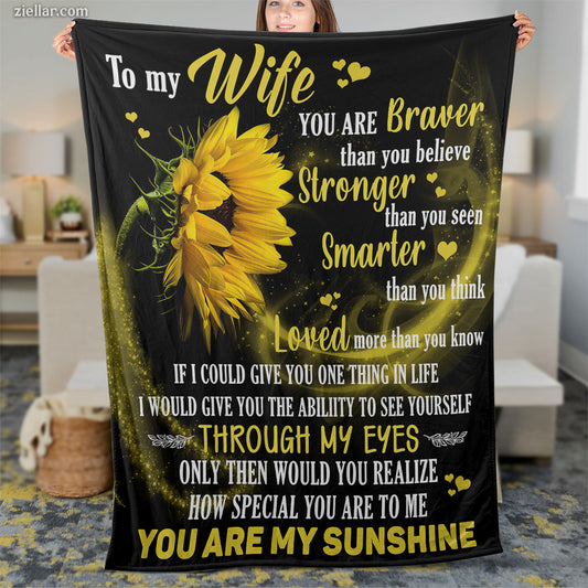 To My Wife Sunflower Love Quilt Blanket, Fleece Blanket Gift with Bold Quote, Custome Name
