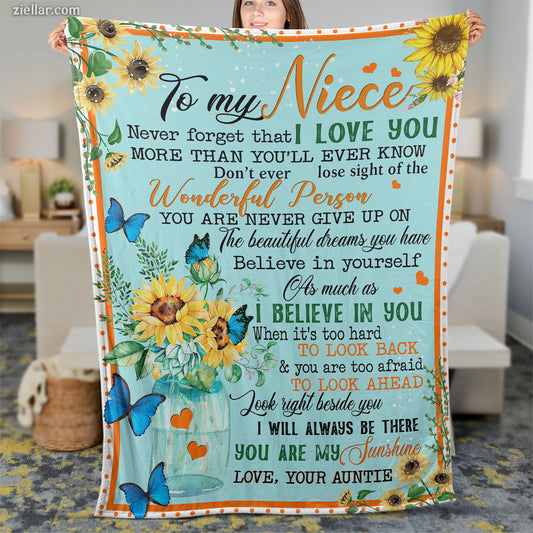 To My Niece Blue and Yellow Quilt Blanket, Fleece Blanket Gift with Love Message, Personalized