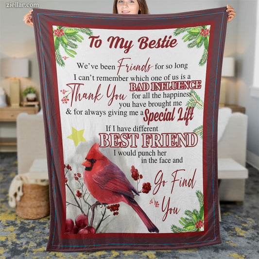 To My Bestie Cardinal Quilt Blanket, Fleece Blanket Gift with Friendship Quote, Personalized Name