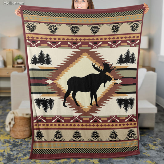 Rustic Moose Animal Quilt Blanket, Fleece Blanket Gift with Forest Theme and Tribal Pattern