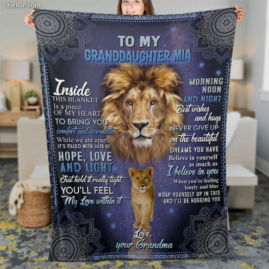 To My Granddaughter Mia Lion Quilt Blanket, Fleece Blanket Gift from Grandma, Custome Name