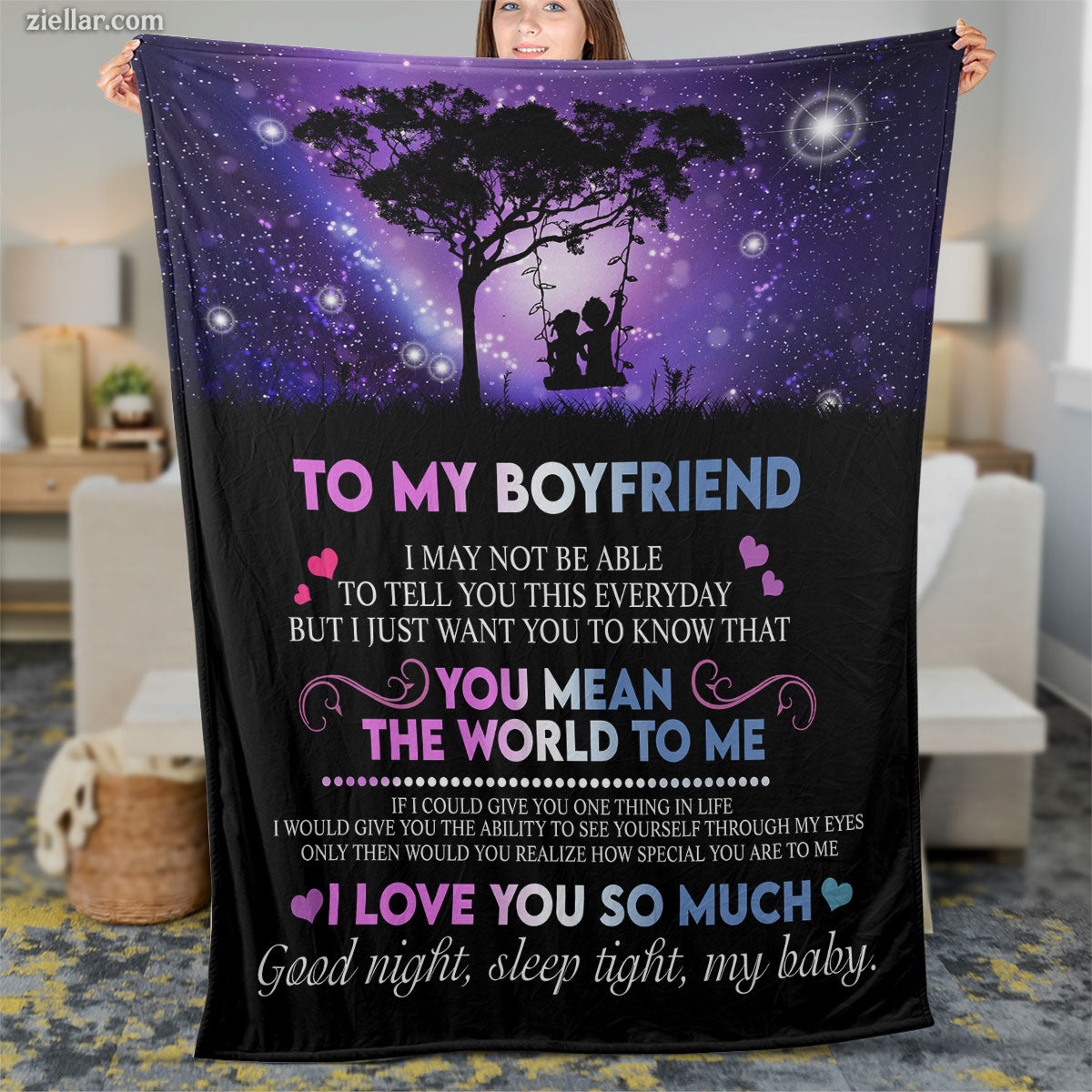 To My Boyfriend Starry Night Quilt Blanket, Fleece Blanket Gift with Moonlight Message