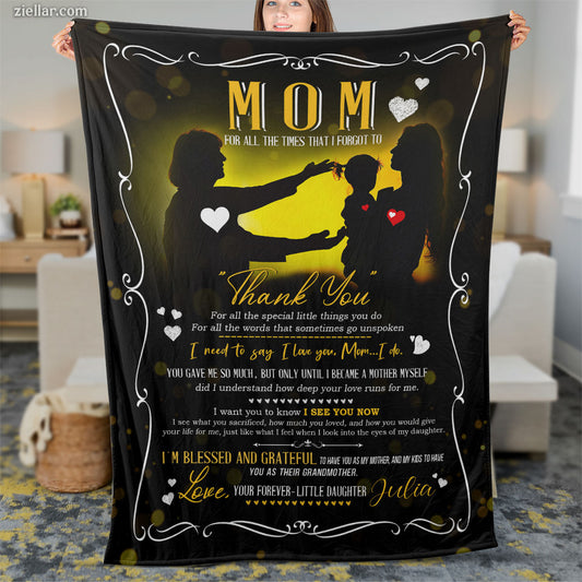 To My Mom Thank You Quilt Blanket, Fleece Blanket Gift with Silhouette and Love Quote, Custom Name