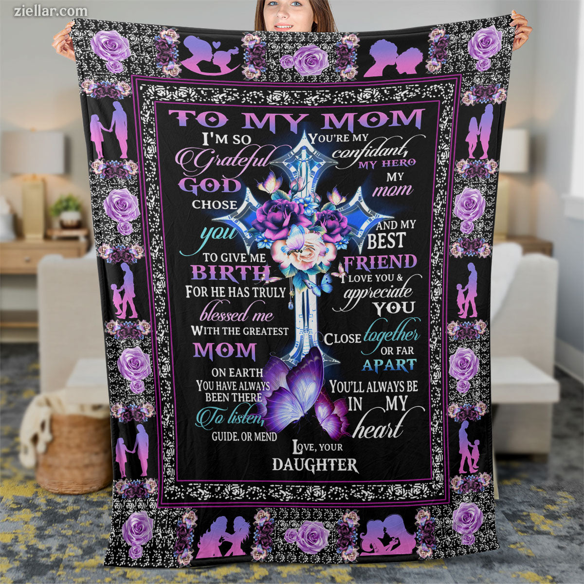 To My Mom Purple Floral Quilt Blanket, Fleece Blanket Gift from Daughter, Personalized Name