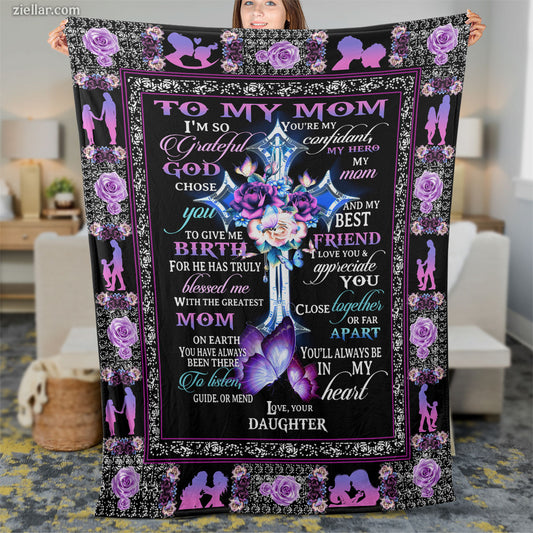 To My Mom Purple Floral Quilt Blanket, Fleece Blanket Gift from Daughter, Personalized Name