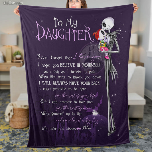 To My Daughter Skeleton Love Quilt Blanket, Fleece Blanket Gift with Gothic Art, Custome Name