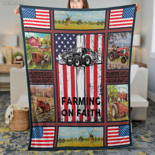 Farming on Faith Tractor Quilt Blanket, Fleece Blanket Gift for Farmers and Country Lovers