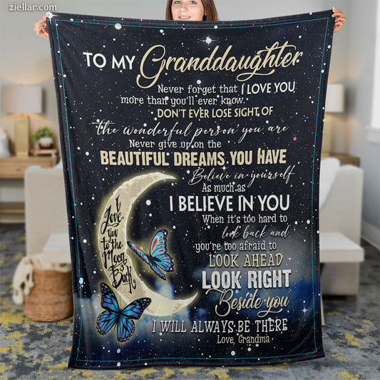 To My Granddaughter Moonlight Quilt Blanket, Fleece Blanket Gift with Dreams Message, Custome Name