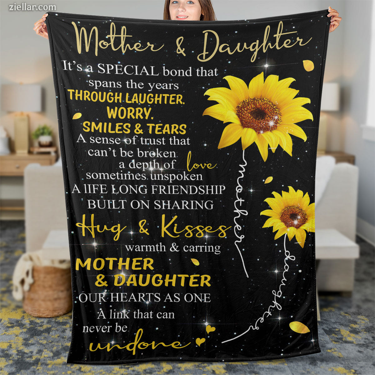 Mother and Daughter Sunflower Quilt Blanket, Fleece Blanket Gift with Love Bond Quote, Personalized