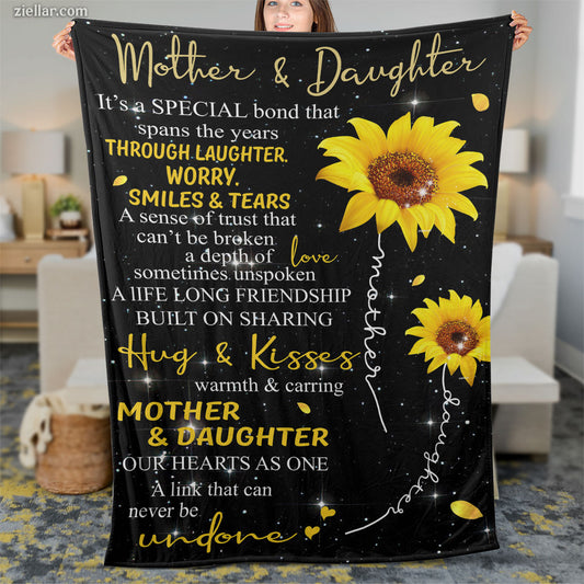 Mother and Daughter Sunflower Quilt Blanket, Fleece Blanket Gift with Love Bond Quote, Personalized