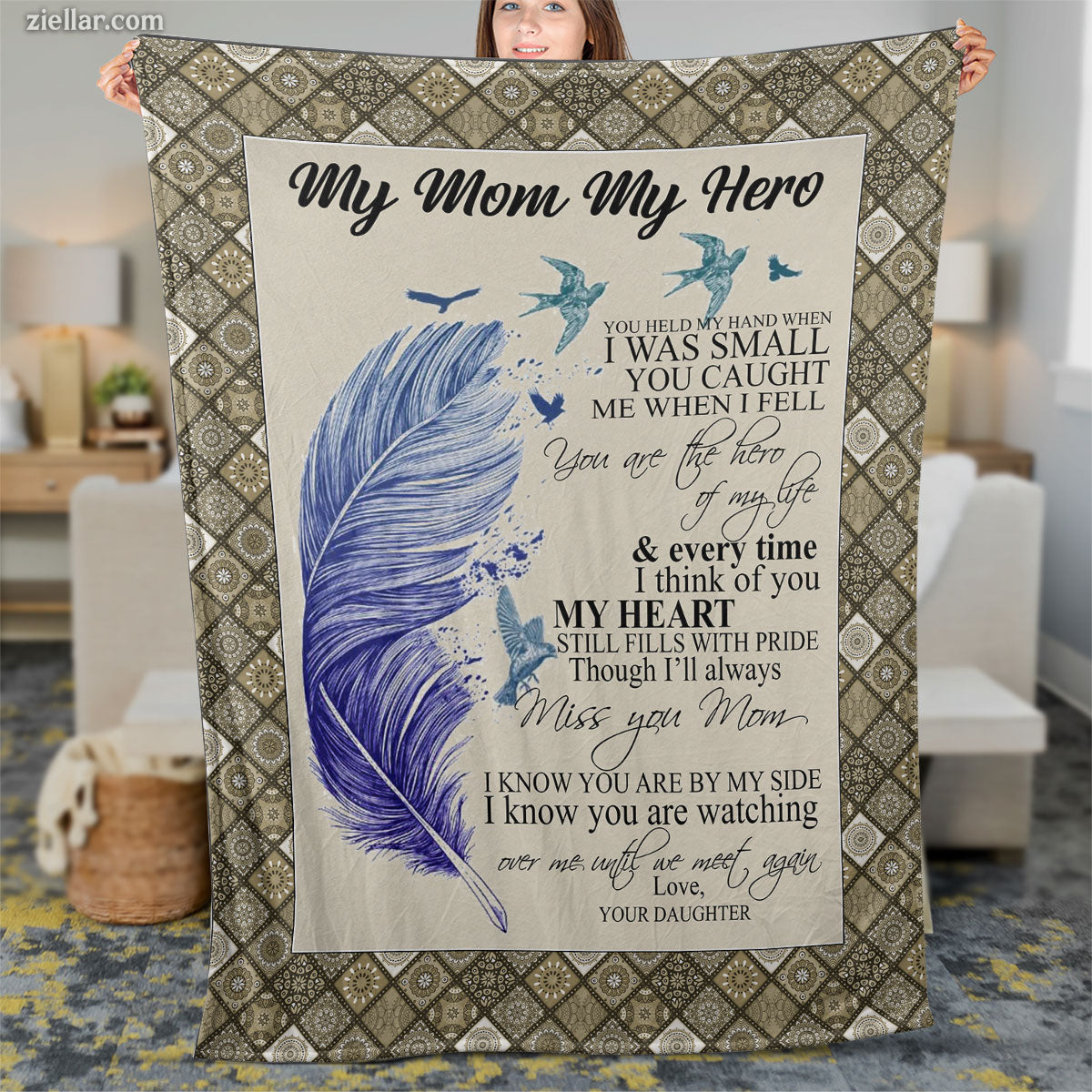 My Mom My Hero Quilt Blanket, Fleece Blanket Gift with Feathers and Heartfelt Poem, Personalized