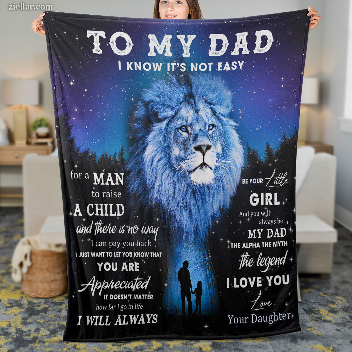 To My Dad Lion Quilt Blanket, Fleece Blanket Gift from Daughter with Brave Message, Personalized