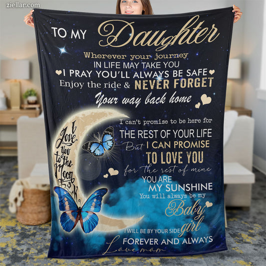 To My Daughter Moon and Butterfly Quilt Blanket, Fleece Blanket Gift from Mom, Custome Name