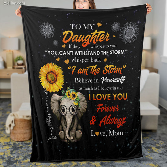 To My Daughter Elephant Quilt Blanket, Fleece Blanket Gift from Mom with Sunshine Quote, Personalized