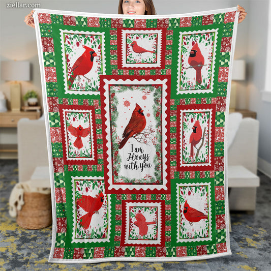 Cardinals at Christmas Quilt Blanket, Fleece Blanket Gift with Holiday Birds and Snowflakes Design