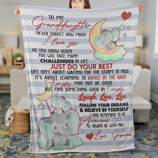 To My Granddaughter Elephant Moon Quilt Blanket, Fleece Blanket Gift with Rainbow Text, Personalized