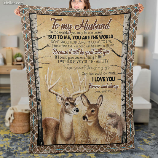To My Husband Deer Couple Quilt Blanket, Fleece Blanket Gift from Wife with Forest Love, Personalized