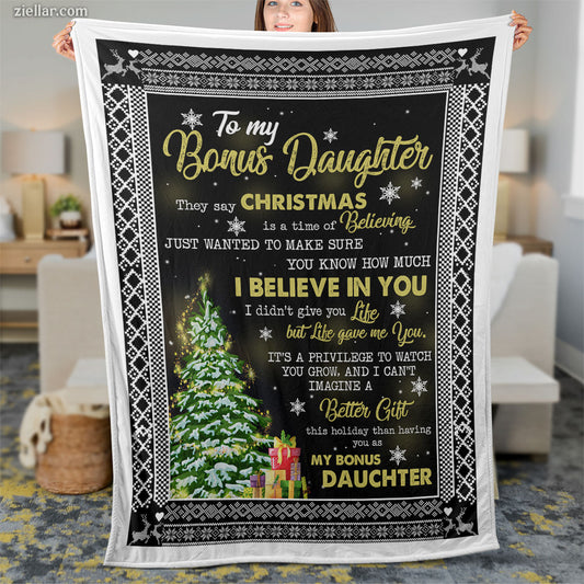 To My Bonus Daughter Christmas Quilt Blanket, Fleece Blanket Gift with Winter Trees, Custome Name
