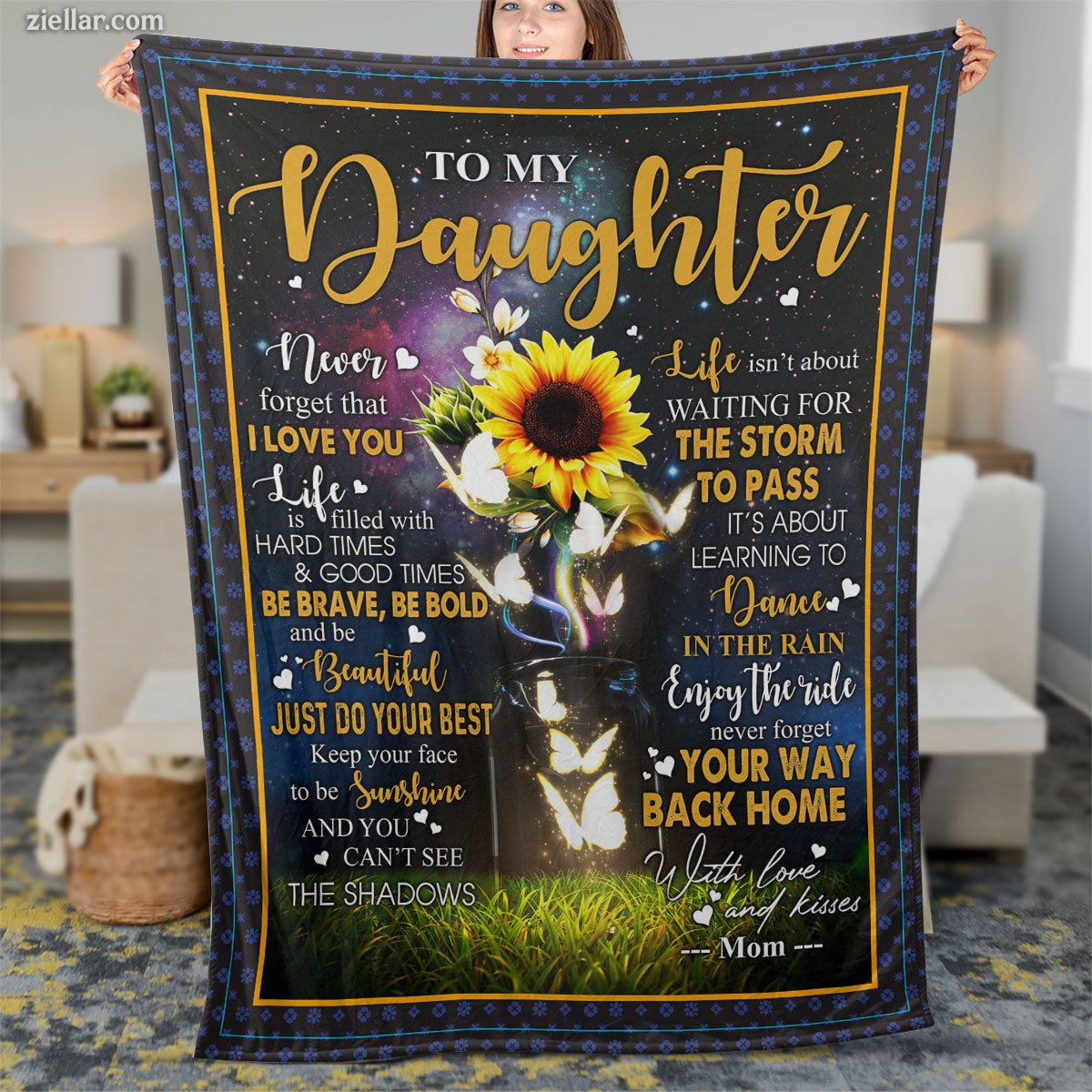 To My Daughter Quilt Blanket, Fleece Blanket Gift from Mom with Sunflower and Wolf, Custome Name