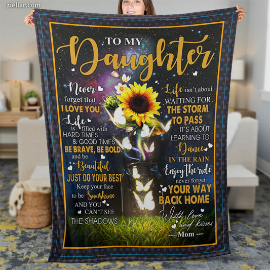 To My Daughter Quilt Blanket, Fleece Blanket Gift from Mom with Sunflower and Wolf, Custome Name