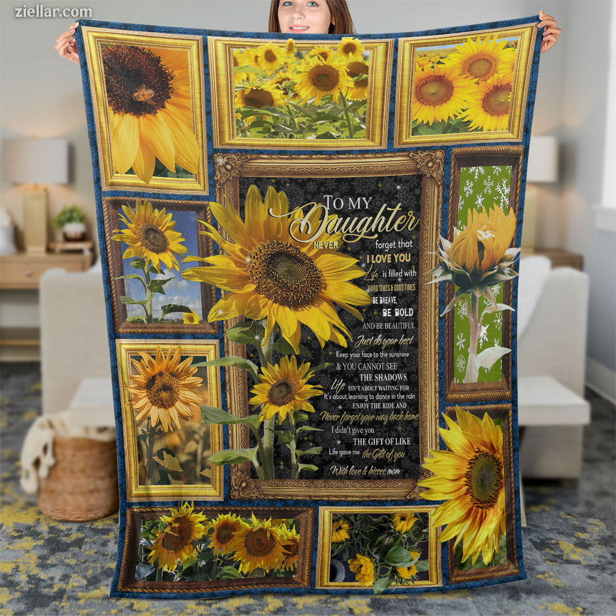 To My Daughter Sunflower Quilt Blanket, Fleece Blanket Gift with Warm Encouragement, Custome Name