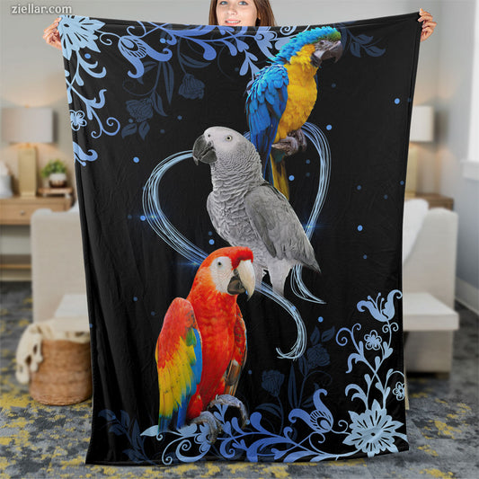 Colorful Parrots and Snowflakes Quilt Blanket, Fleece Blanket with Tropical Birds and Blue Accents