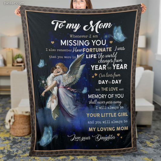 To My Mom Quilt Blanket, Fleece Blanket Memorial Gift from Daughter with Angel Wings, Custome Name