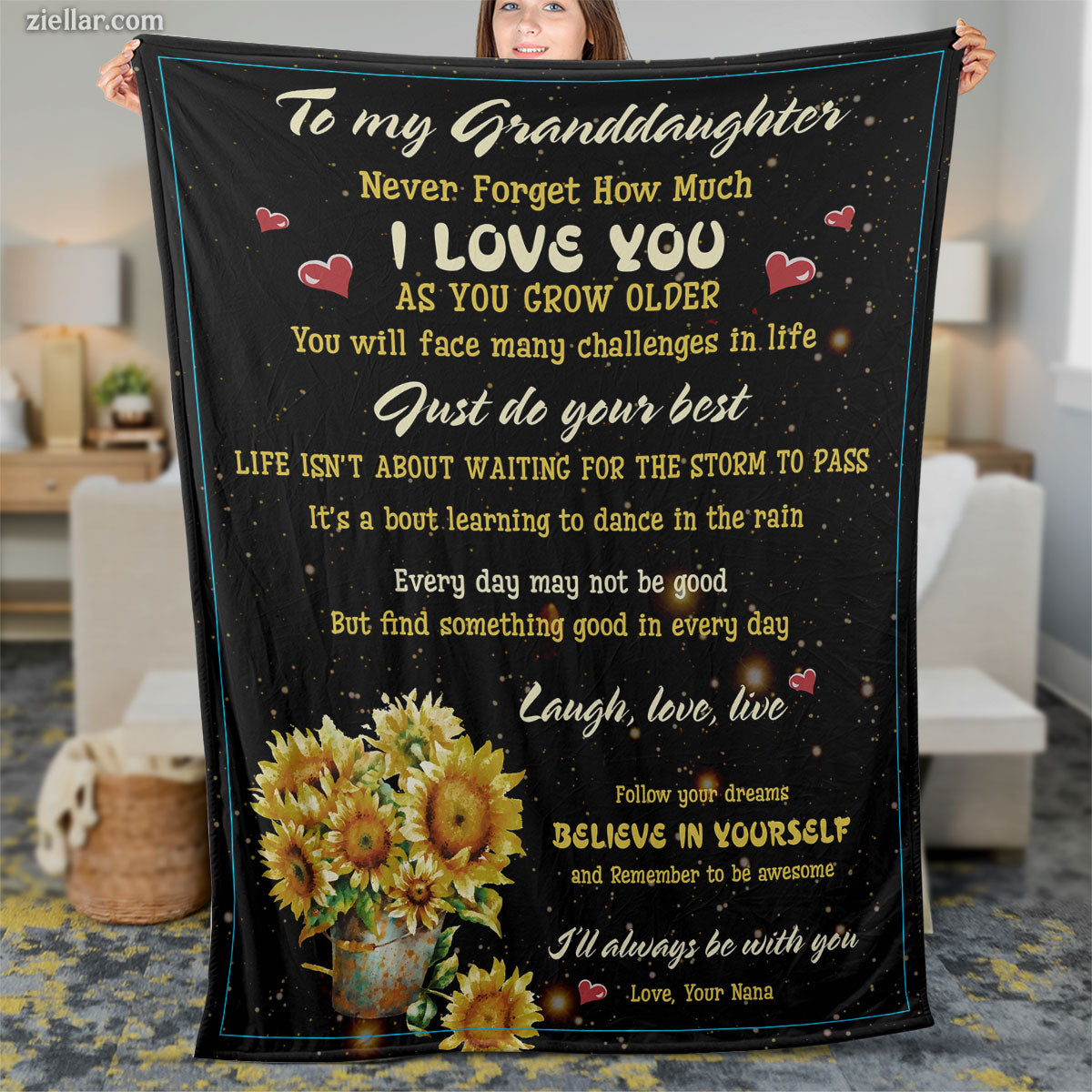 To My Granddaughter Quilt Blanket, Fleece Blanket Gift with Sunflowers and Heartfelt Quote, Personalized