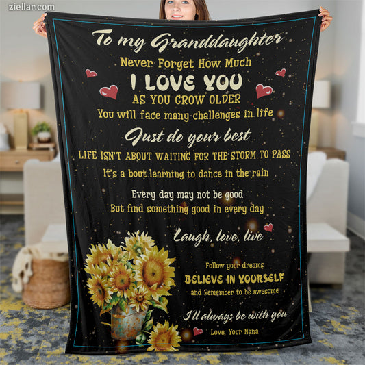 To My Granddaughter Quilt Blanket, Fleece Blanket Gift with Sunflowers and Heartfelt Quote, Personalized