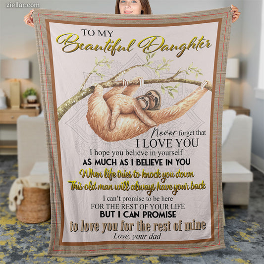To My Beautiful Daughter Quilt Blanket, Fleece Blanket Gift with Sloth and Heart Message, Custome Name