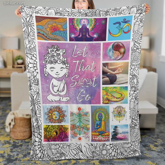 Let That Sh_t Go Quilt Blanket, Fleece Blanket with Mandalas, Yoga Poses, Zen Vibes and Humor Art