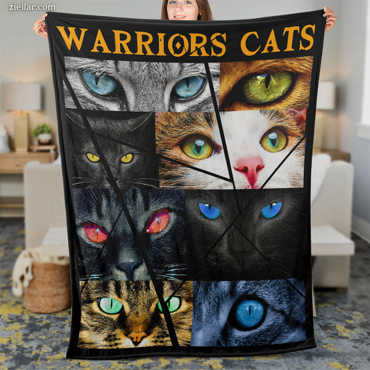 Warrior Cats Quilt Blanket, Fleece Blanket with Multi-Colored Eyes, Fierce Cat Faces, Fantasy Art