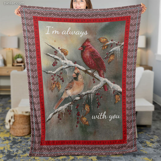 Cardinal Quilt Blanket, Fleece Blanket with Red Bird on Pine Tree, Memorial and Winter Theme