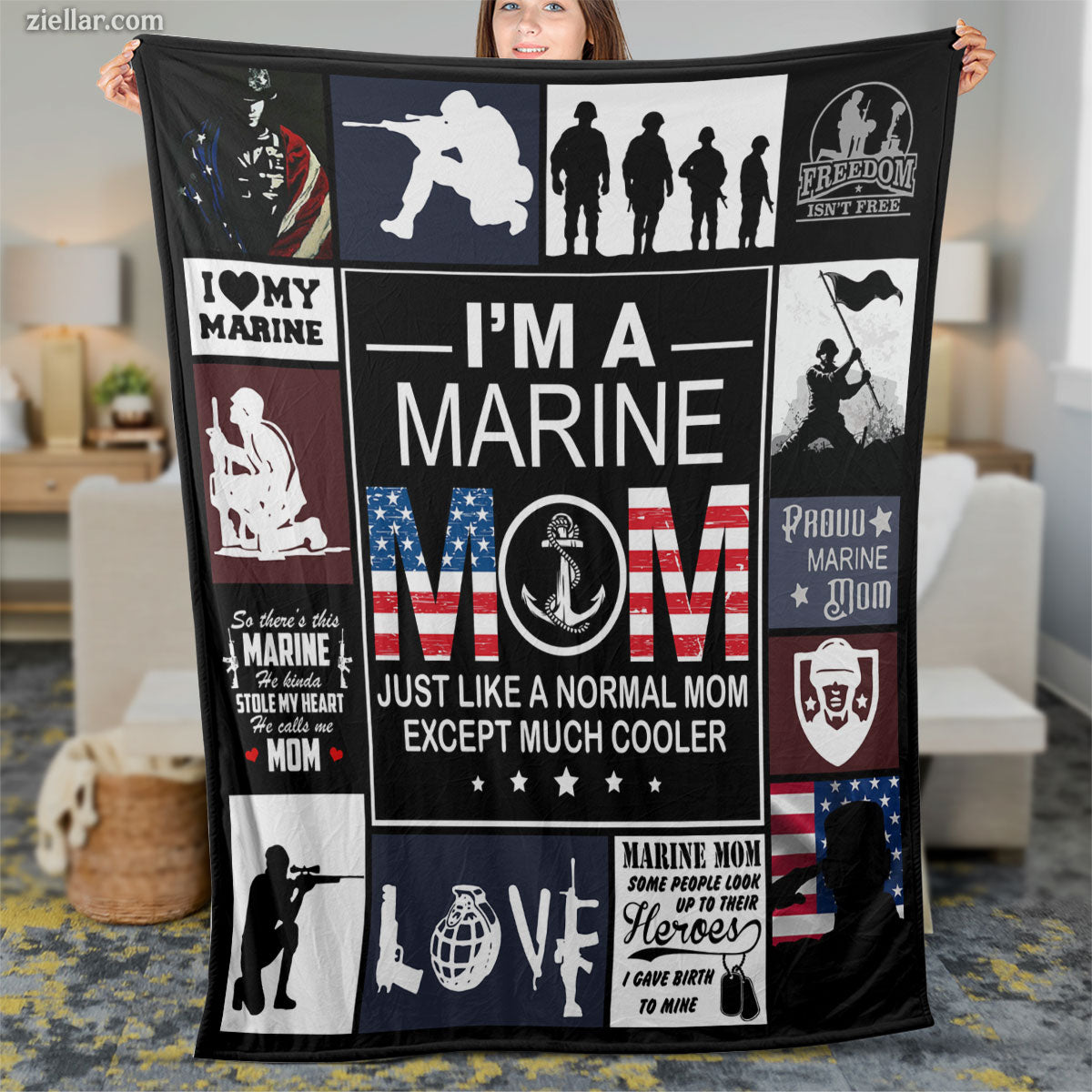 I’m A Marine Mom Quilt Blanket, Fleece Blanket Gift with Patriotic Military Phrases, Custome Name