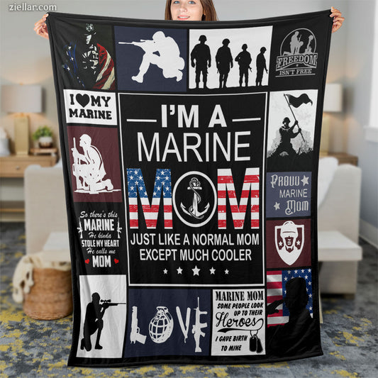 I’m A Marine Mom Quilt Blanket, Fleece Blanket Gift with Patriotic Military Phrases, Custome Name