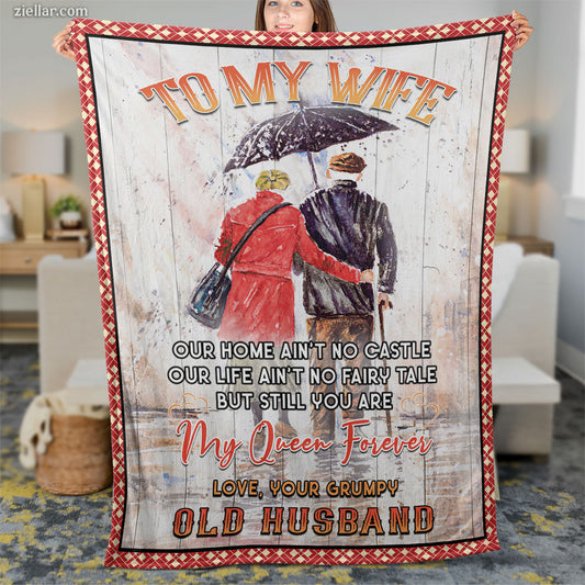 To My Wife Quilt Blanket, Fleece Blanket Gift with Victorian Couple and Umbrella Scene, Personalized