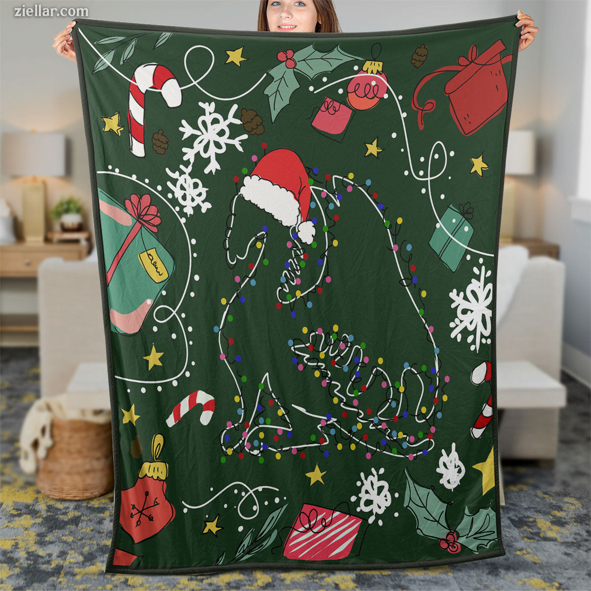 Christmas Unicorn Quilt Blanket, Fleece Blanket with Santa Hat, Candy Canes, and Holiday Lights