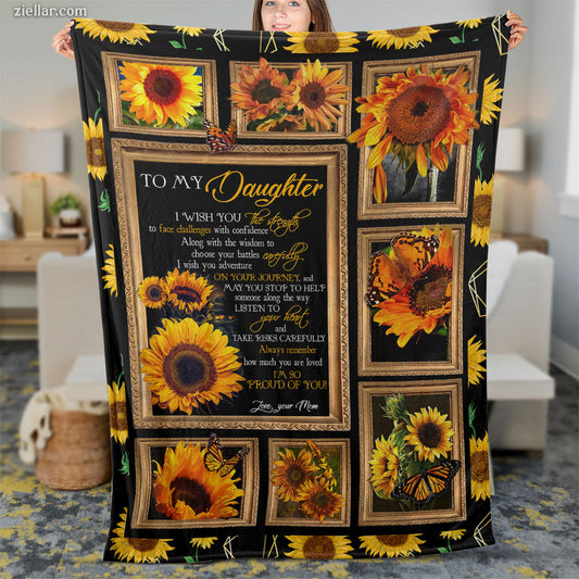 To My Daughter Sunflower Quilt Blanket, Fleece Blanket Gift with Warm Message, Personalized Name