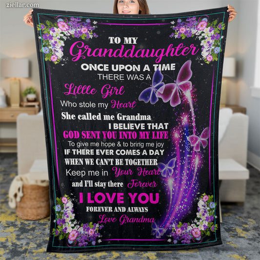 To My Granddaughter Quilt Blanket, Fleece Blanket Gift with Purple Fairy Tale Theme, Custome Name