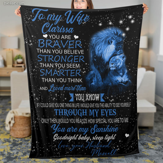 To My Wife Quilt Blanket, Fleece Blanket Gift with Blue Lion and Starry Sky, Personalized with Custome Name