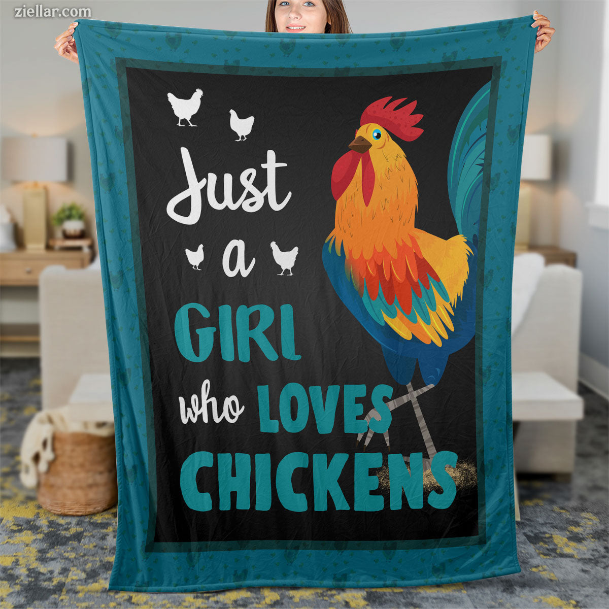 Chicken Lover Quilt Blanket, Fleece Blanket with Funny Text and Rooster Illustration, Farm Animal Theme
