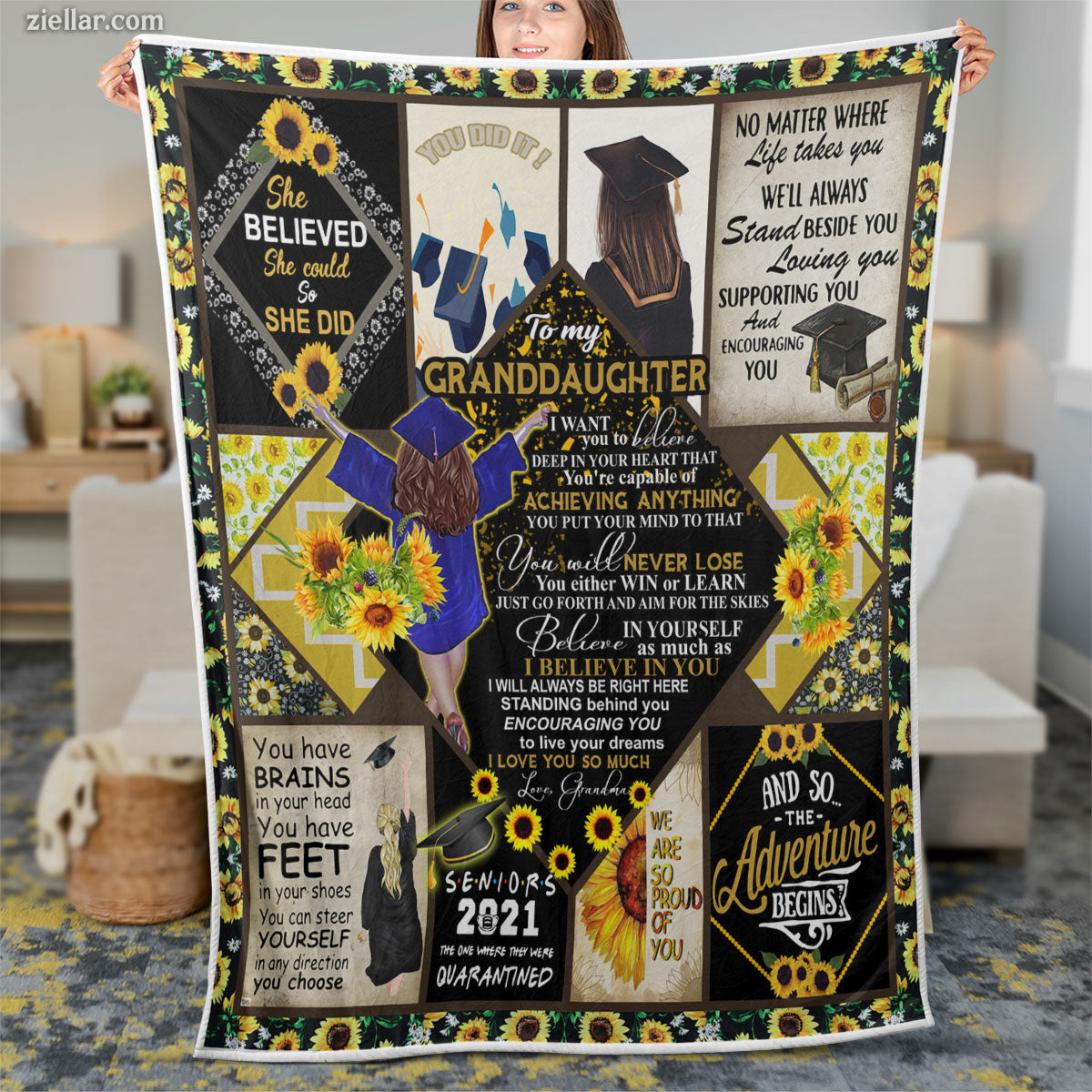 To My Granddaughter Quilt Blanket, Fleece Blanket Gift with Inspirational Words and Love, Custome Name